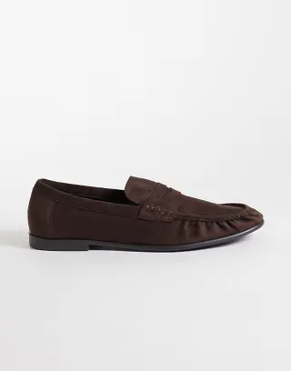 SEQWL Dash faux suede refined ruched loafers in chocolate brown