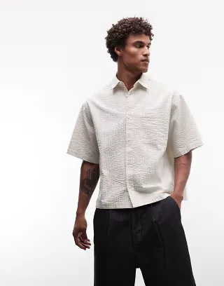 ASOS DESIGN boxy oversized seersucker striped shirt in white and beige