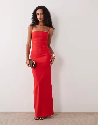 Vesper bengaline thin strap square neck maxi dress in red