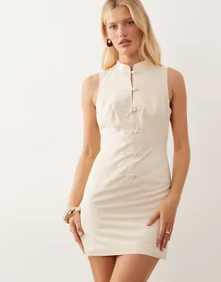 ASOS DESIGN linen blend mandarin collar mini dress in ivory
