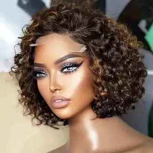 30 Inch Honey Brown Curly Human Hair Wig - 200 Density Short Bob 13x4 Deep Wave Lace Front Synthetic Ready-to-Wear