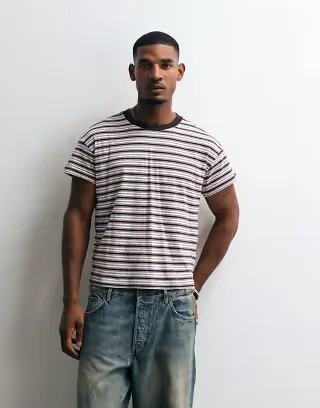 Weekday T-shirt with cap sleeve detail in off-white, brown & blue stripe