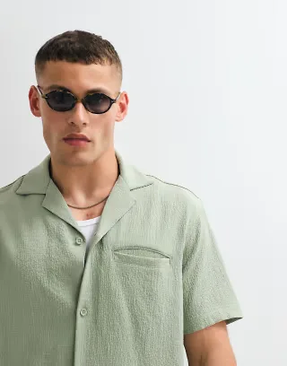 Belier short sleeve textured seersucker shirt in sage - part of a set