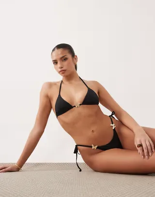 Oh Polly butterfly detail tie side triangle bikini top in black - part of a set