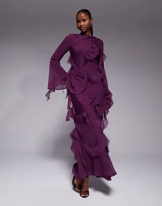 ASOS DESIGN draped raw edge ruffle long sleeve maxi dress in purple