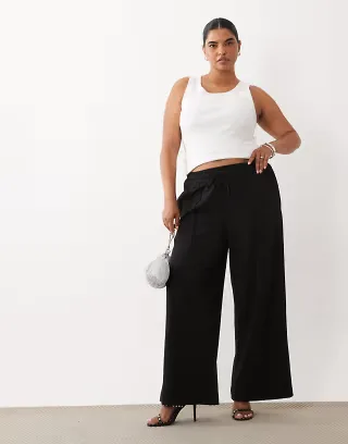 VILA Curve pintuck wide leg pants in black