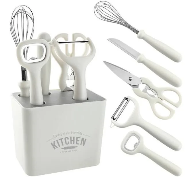 UFORU Kitchen Gadget 6-Piece Set【White】Fruit Peeler Melon Scraper Scissors Fruit Knife Bottle Opener Whisk Storage