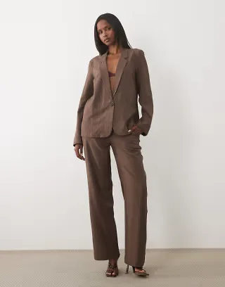 VILA oversized tailored set in chocolate-brown pinstripes