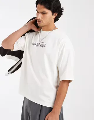 ASOS DESIGN boxy oversized T-shirt with text graphic in off-white