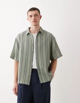 ASOS DESIGN oversized waffle textured shirt in sage green stripes