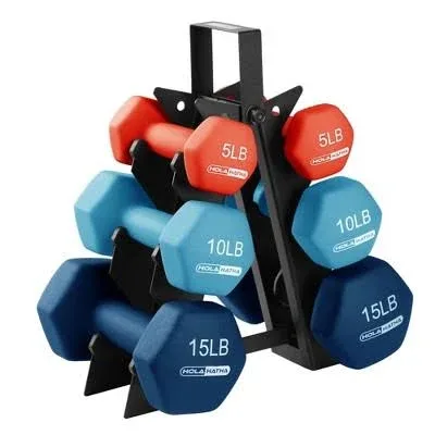 HolaHatha 2, 3, 5, 8 & 10 Pound Neoprene Dumbbell Weight Set with Storage Rack