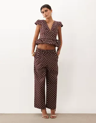 Sister Jane Arles mid rise straight leg pants in brown polka dot print - part of a set