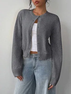 SHEIN Ladies' Round Neck Long Sleeve Loose Cropped Cardigan