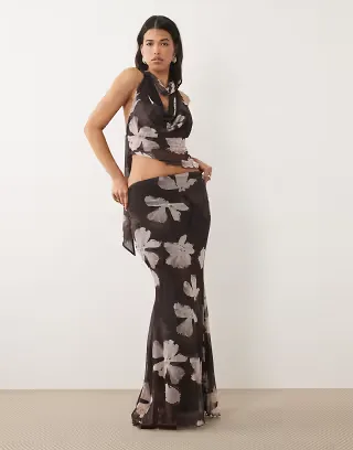 ASOS DESIGN printed mesh drape maxi skirt in brown floral - part of a set