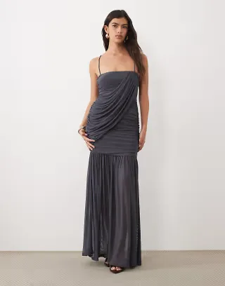 ASOS DESIGN mesh sleeveless asymmetric drape maxi dress in charcoal