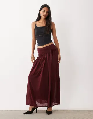 ASOS DESIGN sheer mesh gathered maxi skirt with asymmetric waist in wine
