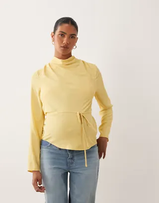 ASOS DESIGN Maternity cowl neck tie waist blouse in buttermilk