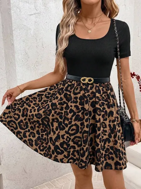 SHEIN Women's Slim Fit Patchwork Leopard Print Mini Dress