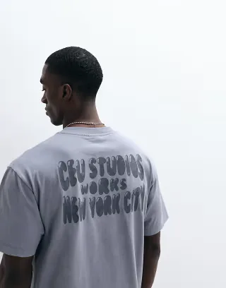 ASOS DESIGN relaxed T-shirt with text graphic in gray wash