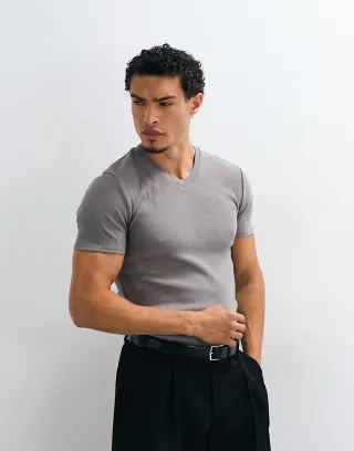 ASOS DESIGN muscle fit T-shirt with v neck in charcoal rib