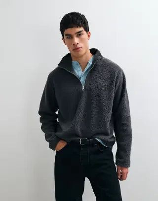 Jack & Jones teddy half zip fleece in charcoal gray