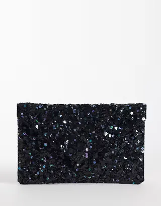 True Decadence sequin embellished envelope clutch purse in black