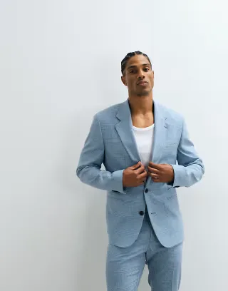 ASOS DESIGN linen blend skinny suit jacket in blue grid plaid