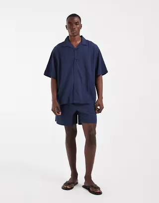 ASOS DESIGN oversized seersucker set in navy