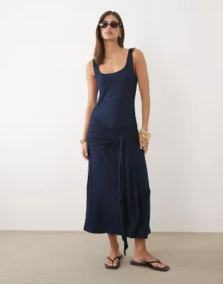 ASOS DESIGN square neck with tie detail midi dress in navy
