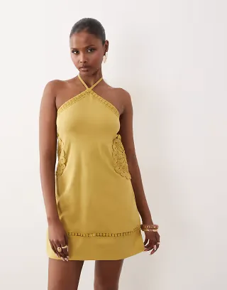 ASOS DESIGN fit and flare crochet patch halter mini dress in khaki
