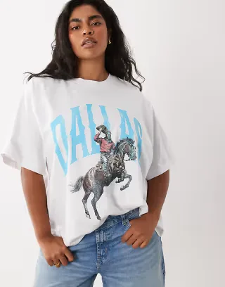 ASOS DESIGN CURVE Oversized T-shirt with Dallas rodeo graphic in white