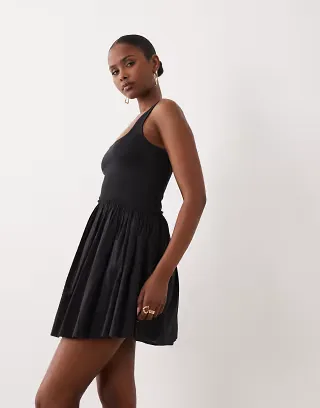 ASOS DESIGN scoop ribbed bodice with poplin skirt mini dress in black
