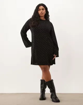 ASOS DESIGN Curve long sleeve mini dress in mono dot