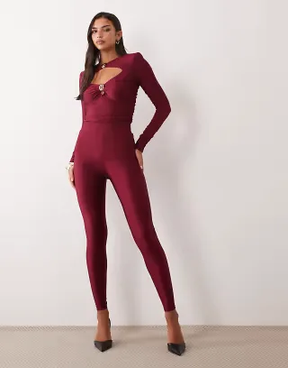 Ruched & Ready sculpted high shine shoulder pad gold hardware detail cut-out front bodysuit and leggings in burgundy