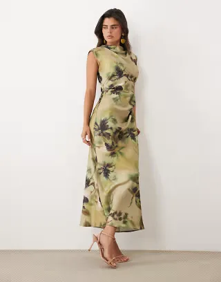 ASOS DESIGN satin high neck pleated bodice midi dress in green floral print