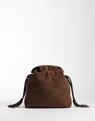 PASQ large cinch crossbody bag in chocolate suede