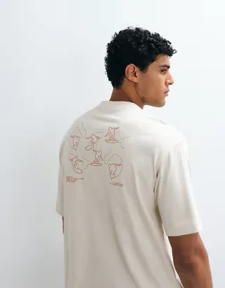 Selected heavyweight boxy fit t-shirt with brown surf back print in cream