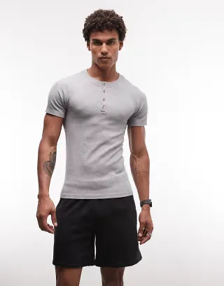 4505 seamless rib knit muscle fit training henley t-shirt in heather gray