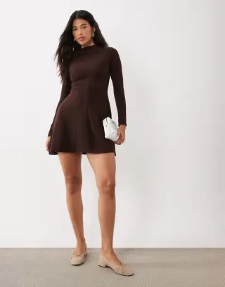 ASOS DESIGN supersoft grown on neck long sleeve dress in chocolate