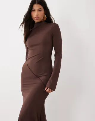 Daska high neck maxi dress with asymmetric seam detail in chocolate