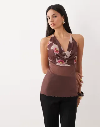 ASOS DESIGN cowl draped printed layered mesh top in brown floral - part of a set