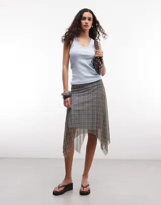 Reclaimed Vintage sheer plaid asymmetric midi skirt in khaki - part of a set