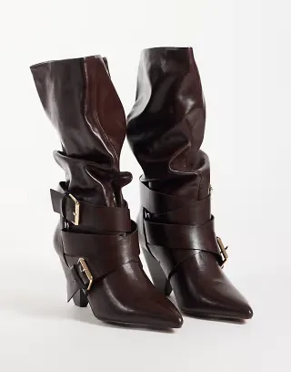 ASOS DESIGN Cade buckle detailing heeled slouchy boots in chocolate