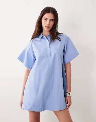 ASOS DESIGN relaxed short sleeve poplin mini dress in dusky blue