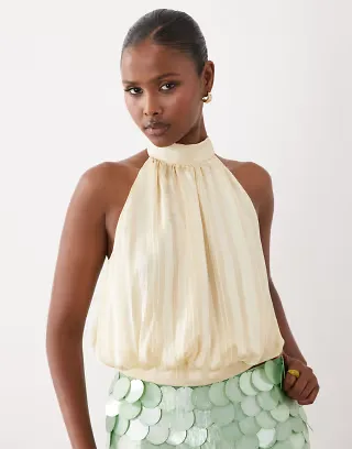 Missyempire satin high neck bubble hem top in lemon - part of a set