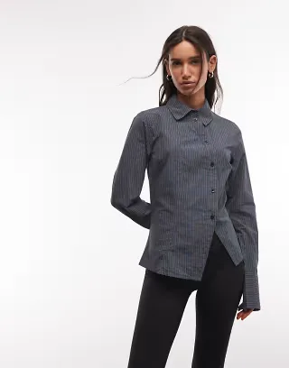 Weekday asymmetric detail shirt in black & gray stripe