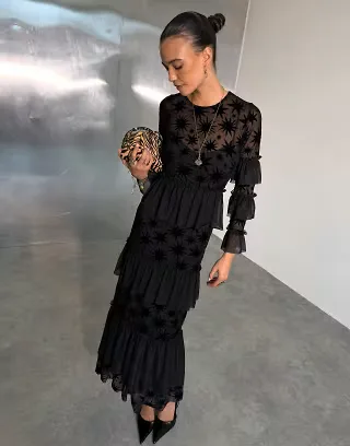 Never Fully Dressed mesh devore round neck tiered frill detail maxi dress in black