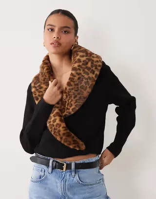ASOS DESIGN shawl wrap cardigan with leopard fur collar in black