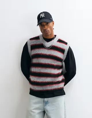 COLLUSION fluffy knit sweater vest in gray & red stripes