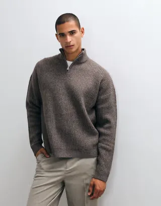 ASOS DESIGN super oversized knit wool blend half zip rib sweater in brown heather